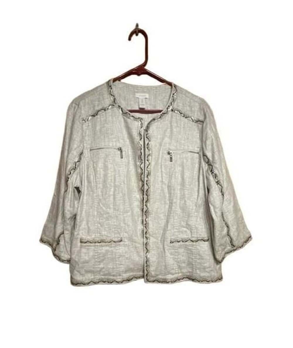 Chico's Linen Jacket Size 3 Beige Snake Trim Blazer